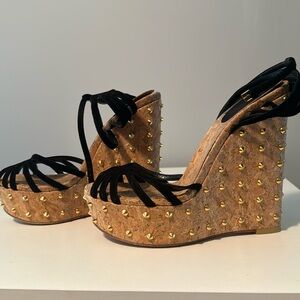 GUCCI Gold Studded Cork Wedge Black Suede Leather Straps 37 Size 7 MADE IN ITALY